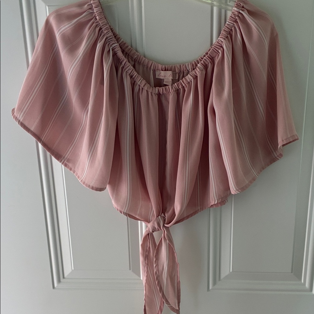 Striped Pink Off-Shoulder Tie-Front Crop Top